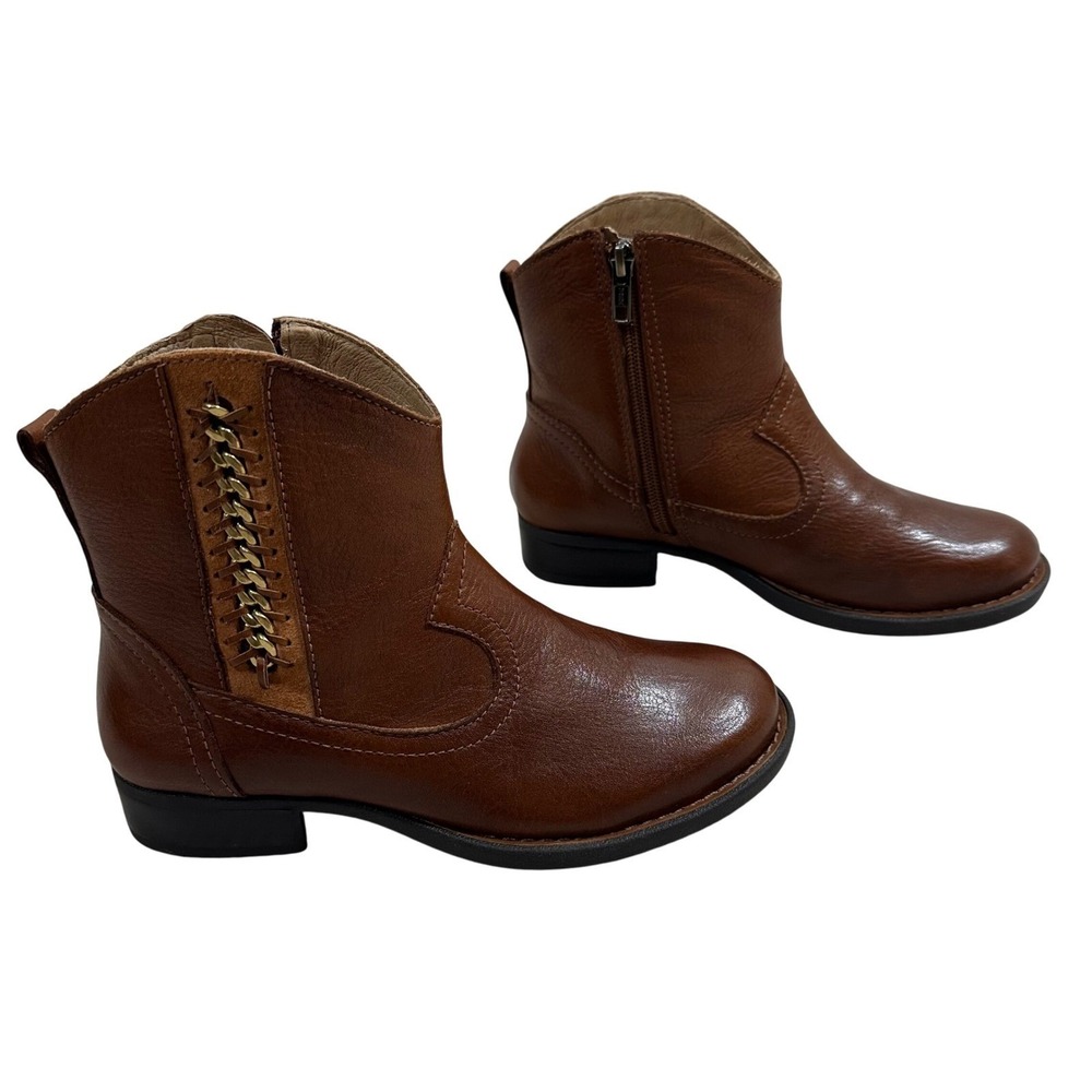 Nurture Willa Brown Leather Western Ankle Boots Chain Detail Side Zip Mens 6M - Picture 1 of 10
